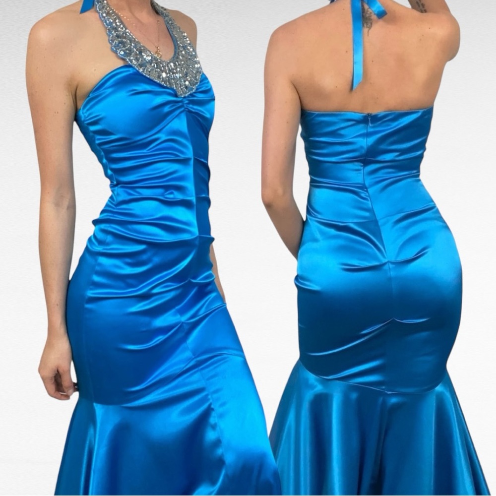JUMP Apparel | Blue Satin Silver Sequin Halter Neck Dress Evening Mermaid Gown